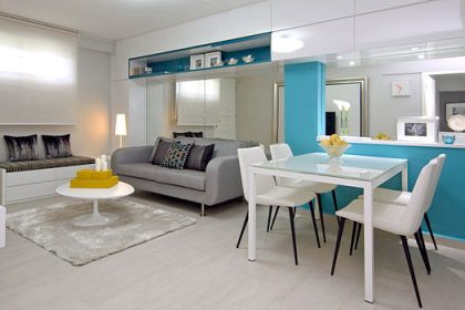 Transformed, brighter living room for a one-bedroom HDB flat.