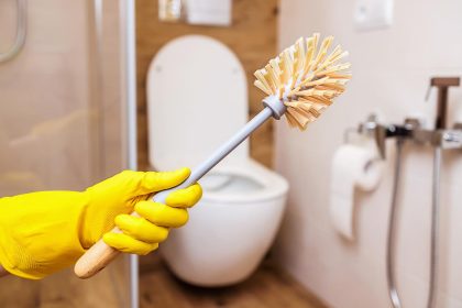yellow rubber glove in the bathroom