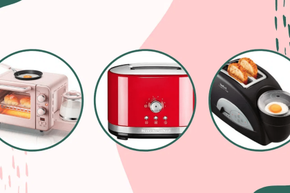 3 Mini bread oven toasters on a graphic, pink themed background. Image by SIngapore Women's Weekly.ac