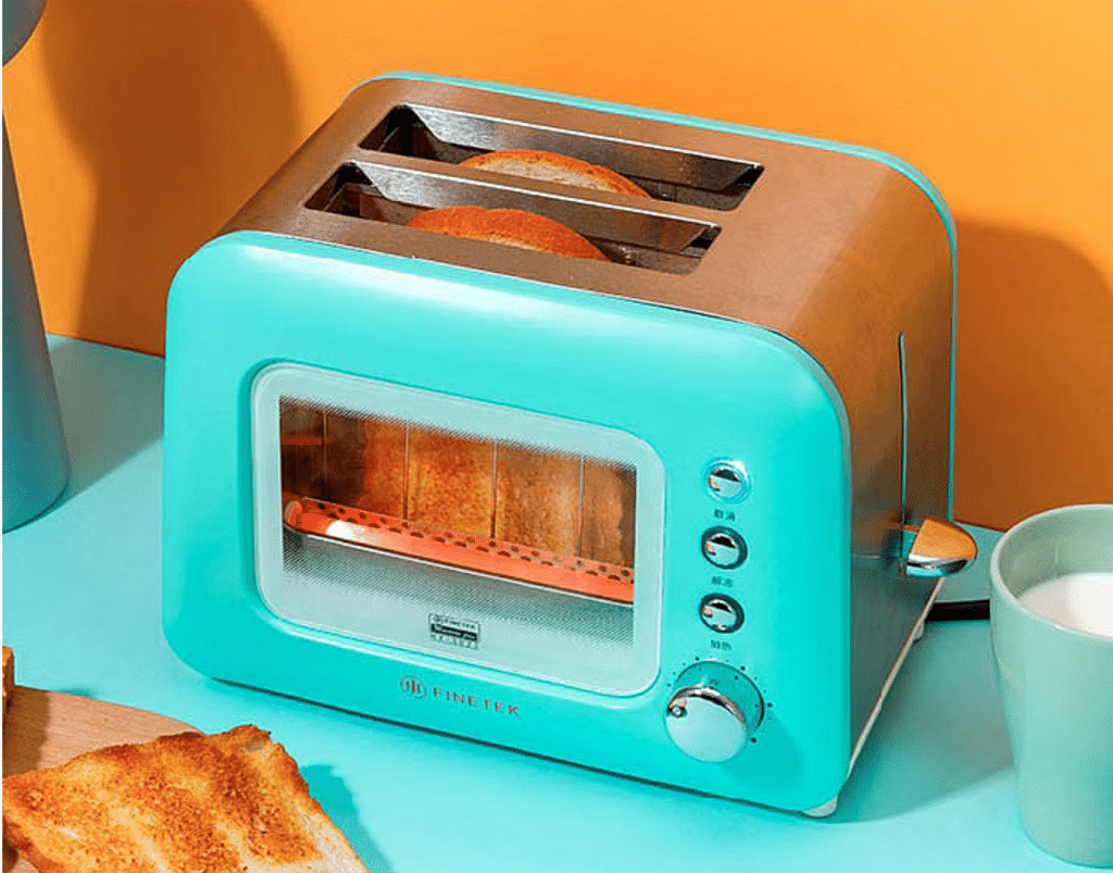 turquoise Finetek Macaron Toaster Oven with glass side panel