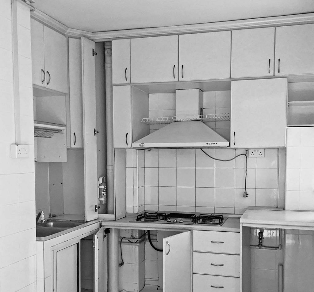 The kitchen before the old cabinets were hacked.