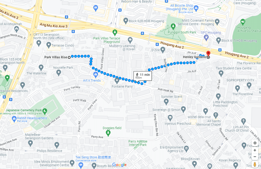 Map showing Henley Gardens landed estate along Jalan Arif to Park Villas Rise - an 11-minute walk