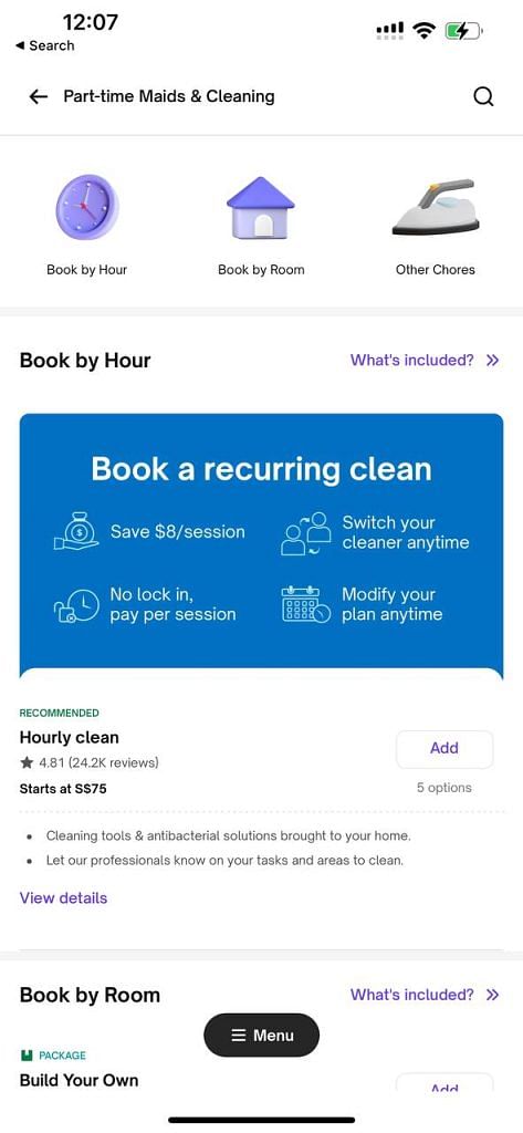 urban company app screenshot of the cleaning services