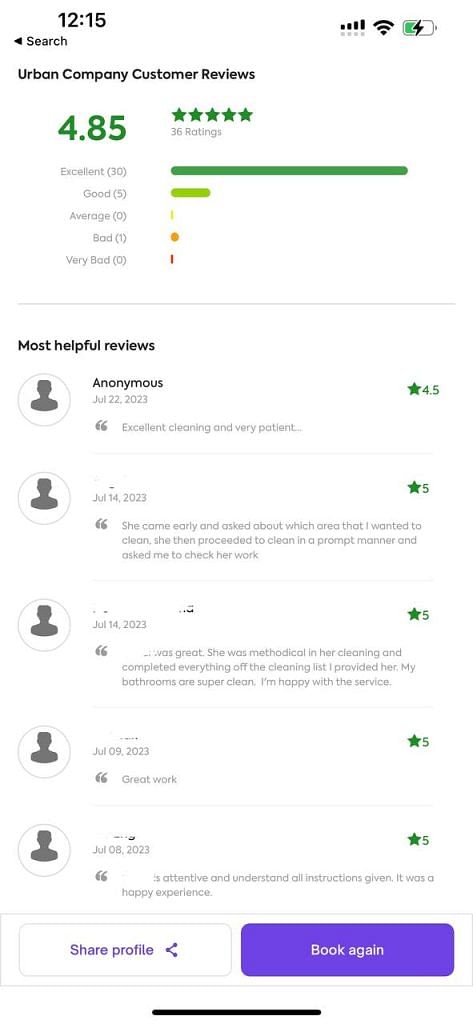 screenshot of urban company app with reviews of helper